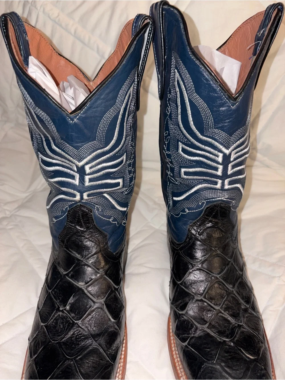 EUC Tanner Mark Mens Fish Print Western leather Boots - Square Toe